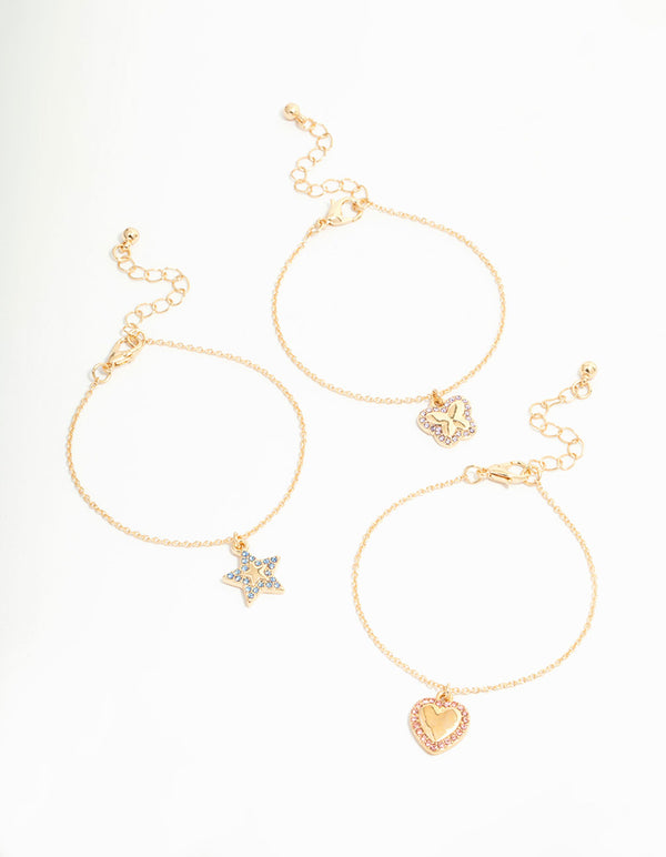 Kids Gold Diamante Heart & Star Butterfly Bracelets 3-Pack