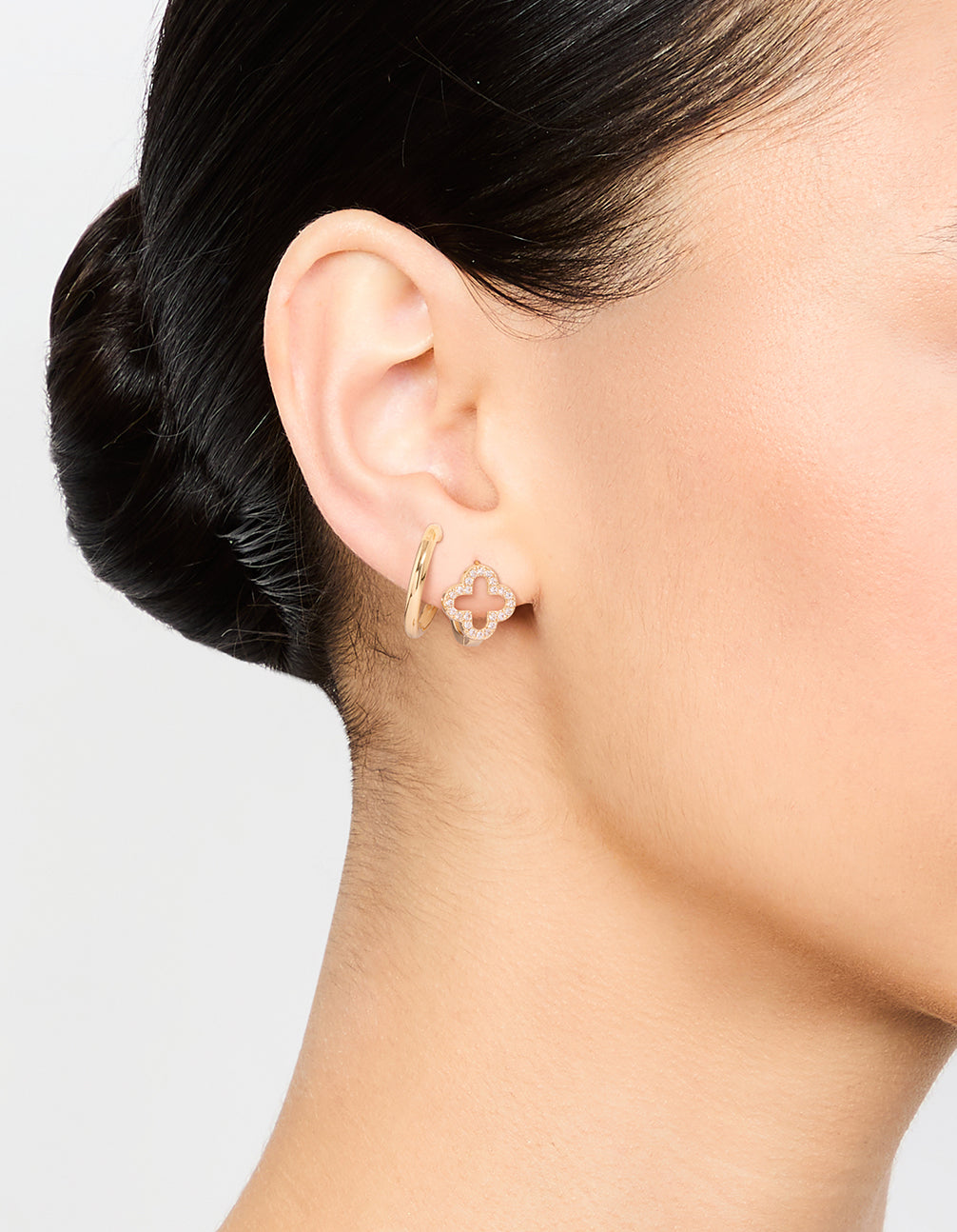 Gold Plated Cubic Zirconia Flower & Plain Huggie Earrings 2-Pack