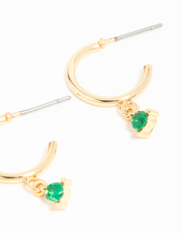 Gold Plated Green Cubic Zirconia Stud & Chain Huggie Earrings 2-Pack