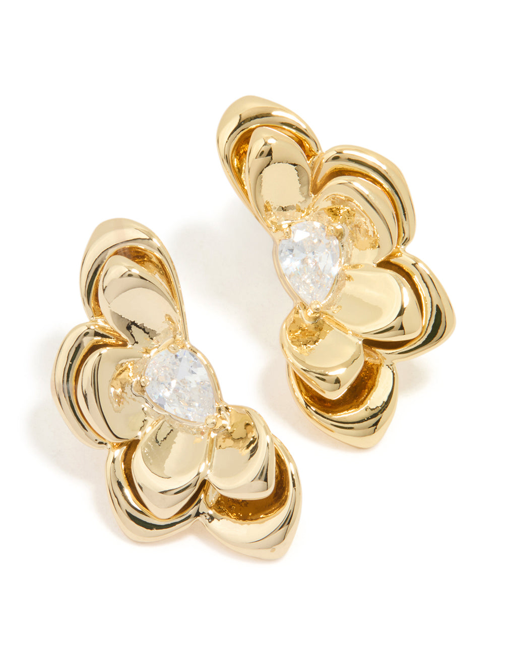 Gold Plated Cubic Zirconia Half Flower Stud Earrings