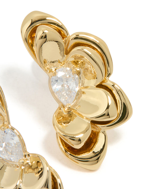 Gold Plated Cubic Zirconia Half Flower Stud Earrings