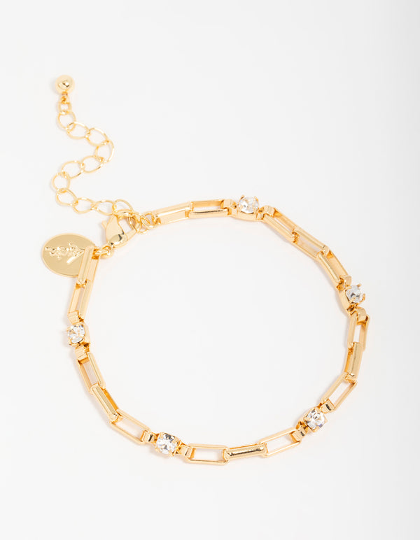 Gold Plated Cubic Zirconia Rectangle Open Link Bracelet