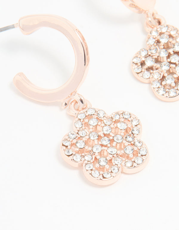 Rose Gold Diamante Flower Drop Earrings