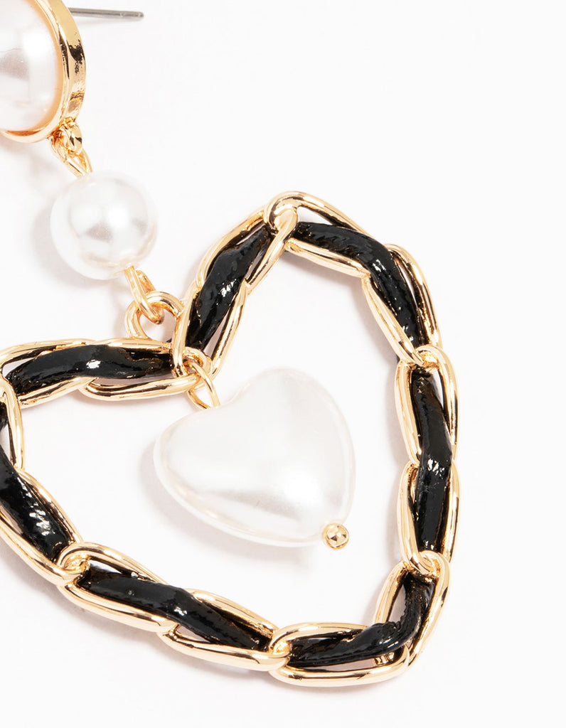 Lapis Heart & Imitation Pearl Drop Earrings in Goldtone main image 1
