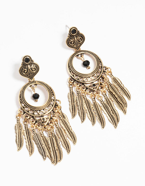 Antique Gold Black Patterned Dreamcatcher Tassel Drop Earrings