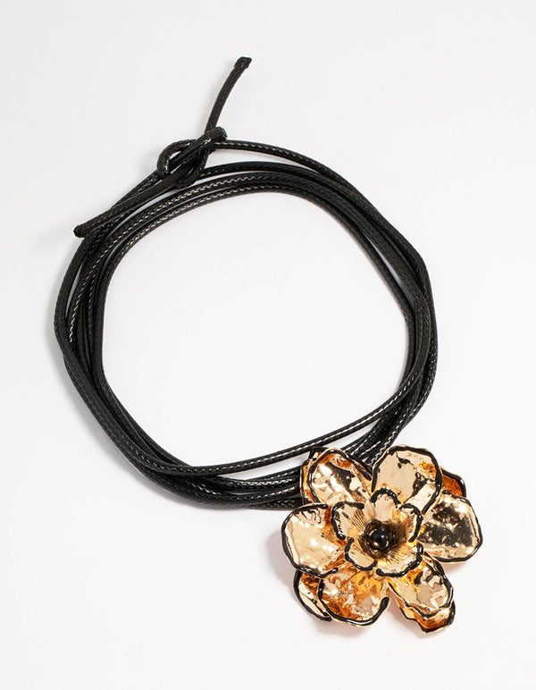 Gold Flower Fabric Black Cord Choker Necklace
