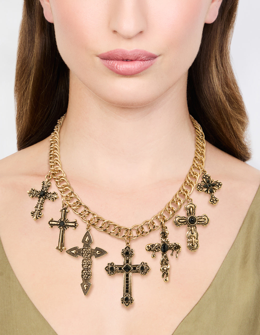 Antique Gold Black Metallic Cross Charm Necklace