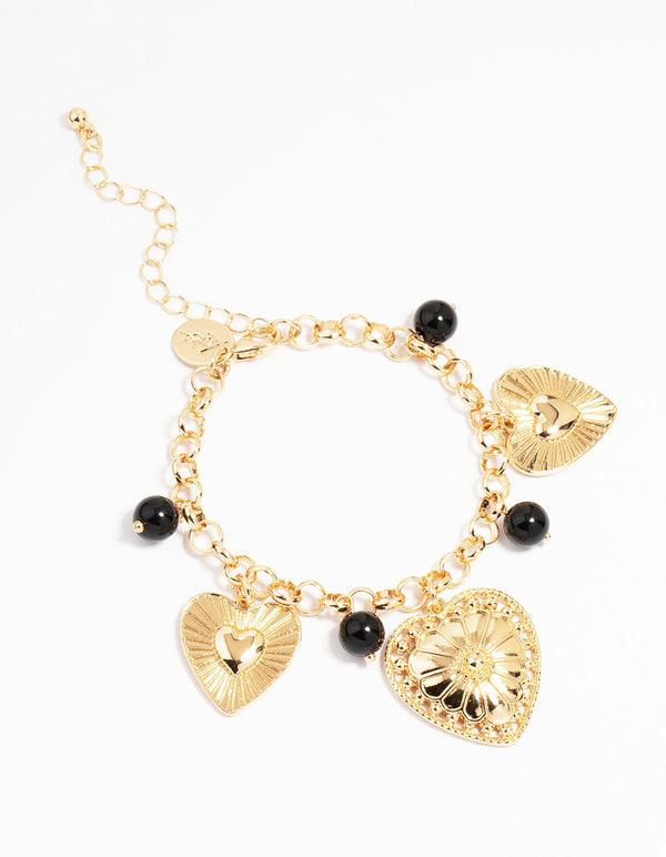 Gold Black Beaded Heart Charm Bracelet