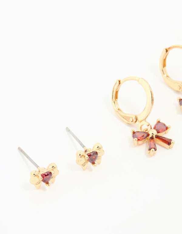 Gold Red Cubic Zirconia Bow Huggie Earrings 3-Pack