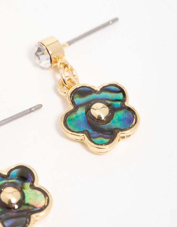 Gold Blue & Green Bubble Flower Drop Earrings