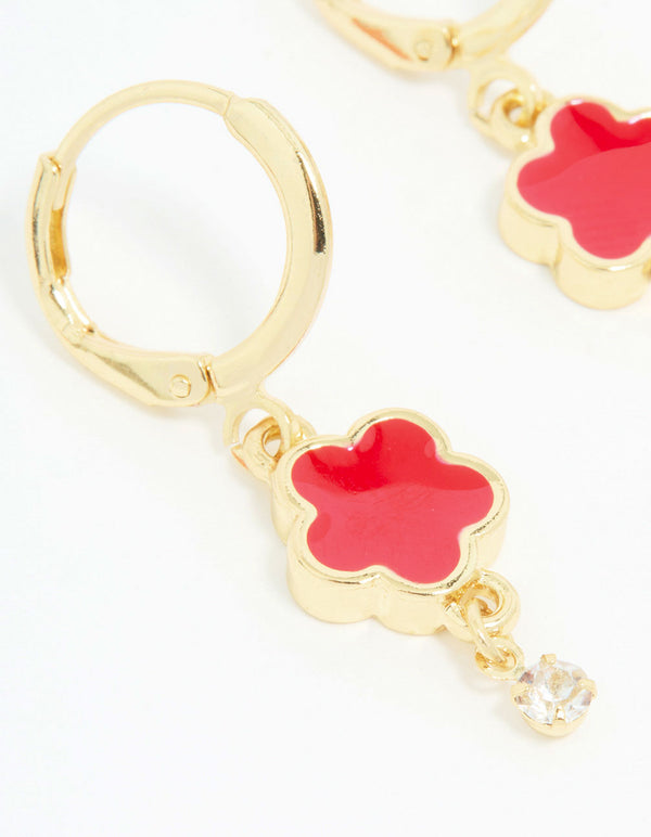 Gold Red Cubic Zirconia Floral Droplet Earrings