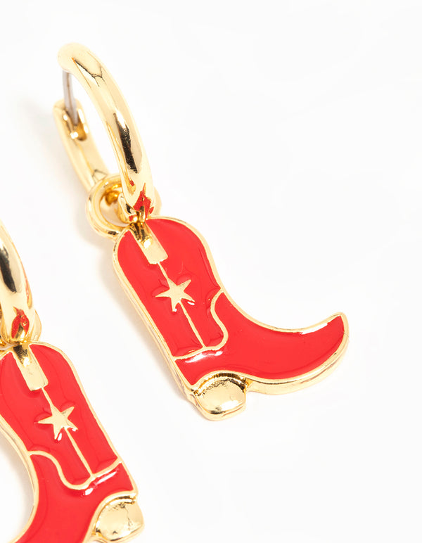 Gold Red Enamel Cowboy Boot Drop Earrings
