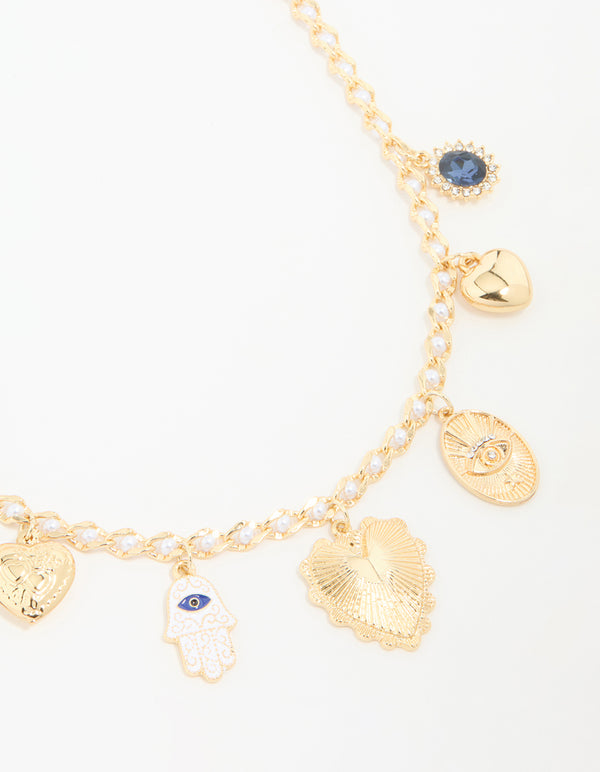 Gold Evil Eye & Heart Charm Necklace