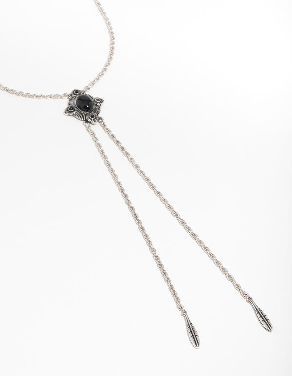 Silver Textured Black Stone Rhombus Y-Necklace