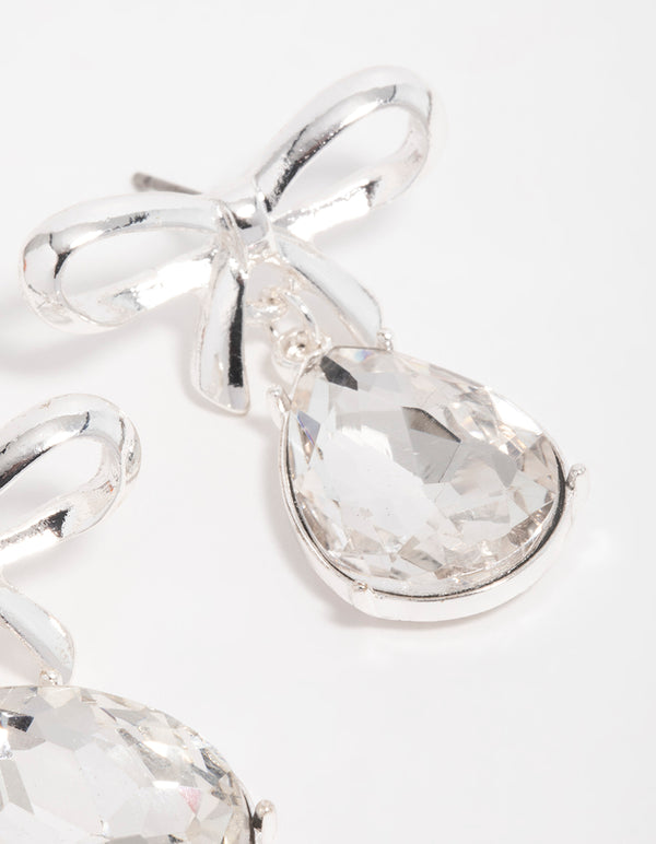 Silver Diamante Bow Drop Earrings