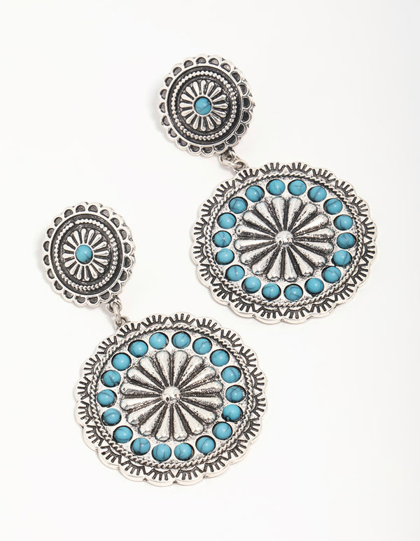 Antique Silver Turquoise Circle Drop Earrings