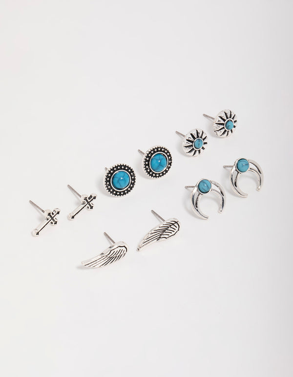 Antique Silver Turquoise Stone Stud Earrings 5-Pack