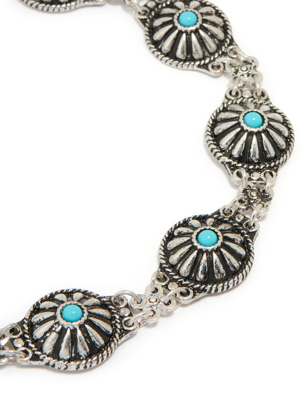 Antique Silver Circle Turquoise Choker Necklace
