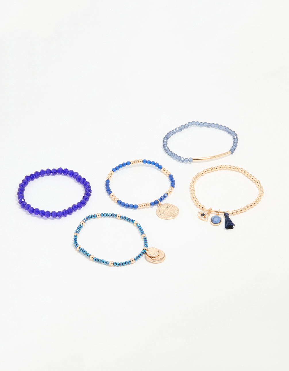Gold Blue Beaded Stretch Bracelets 5-Pack