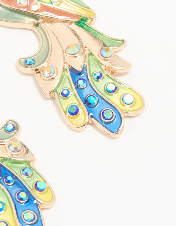 Gold Multi-Coloured Peacock Drop Earrings