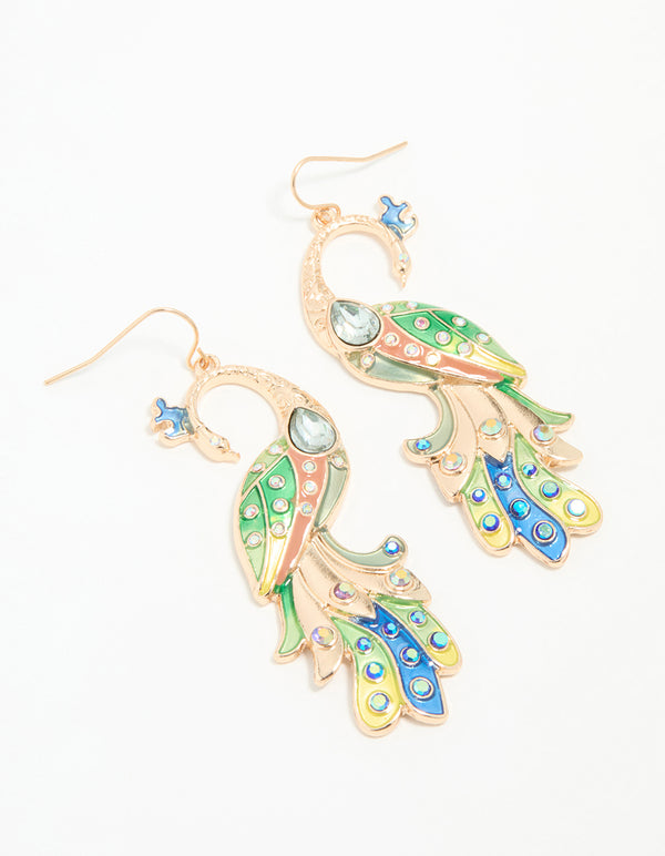 Gold Multi-Coloured Peacock Drop Earrings