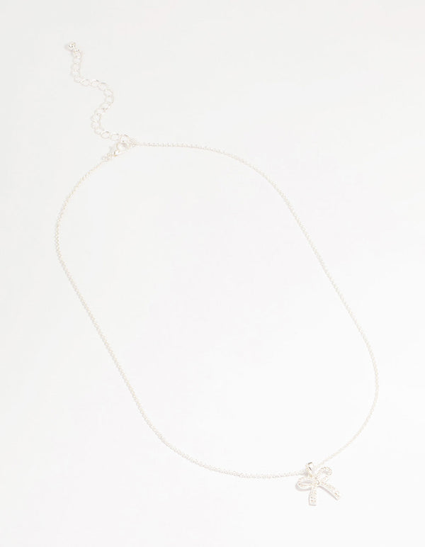 Silver Plated Brass Cubic Zirconia Pavé Bow Pendant Necklace