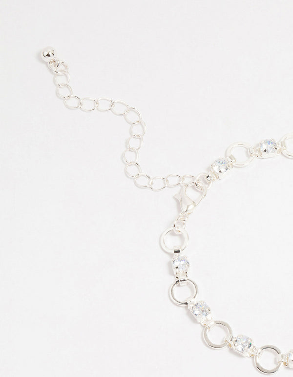 Silver Plated Brass Cubic Zirconia Alternating Link Bracelet