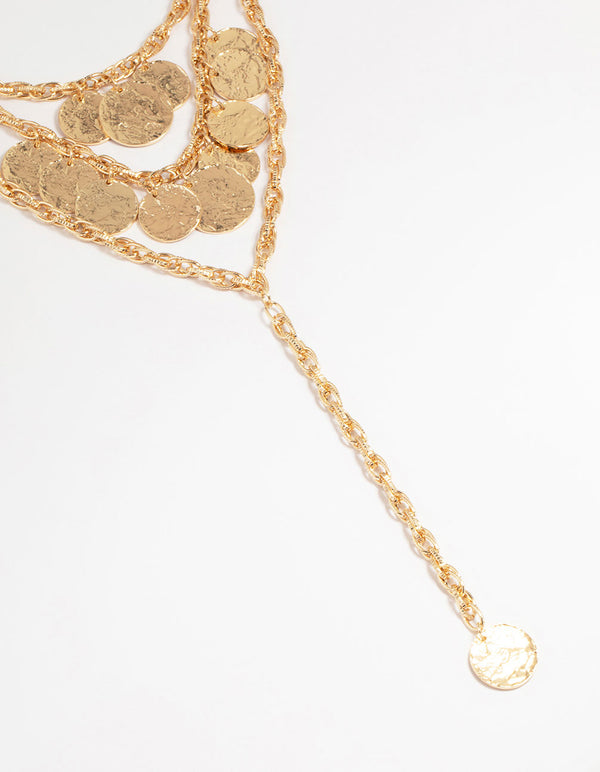 Gold Coin Molten Disc Layered Chain Necklace