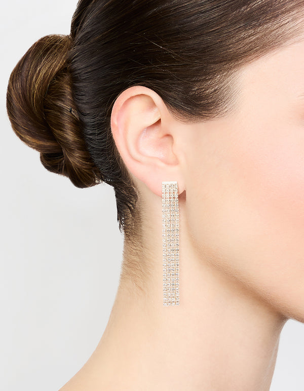 Silver Diamante Chain Tassel Drop Earrings