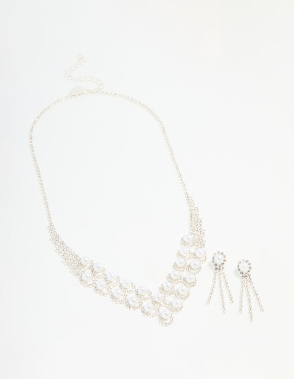Silver Pearl Diamante Halo Vine Necklace & Earrings Set
