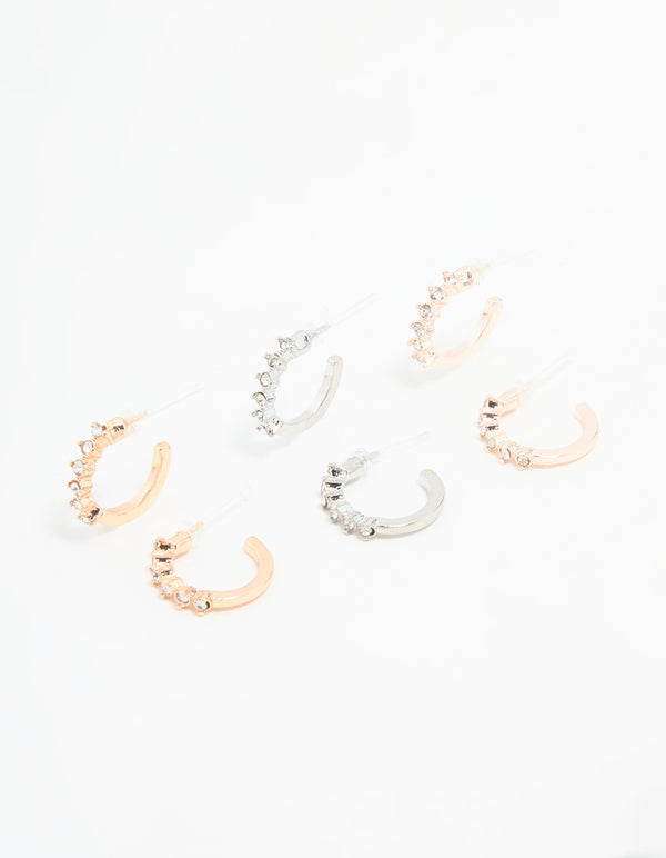 Mixed Metal Diamante Hoop Earrings 3-Pack