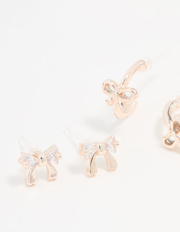 Rose Gold Cubic Zirconia Bow Stud & Hoop Earrings 3-Pack