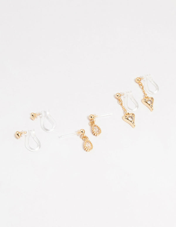 Gold Cubic Zirconia Drop Heart Cuff Earrings 4-Pack