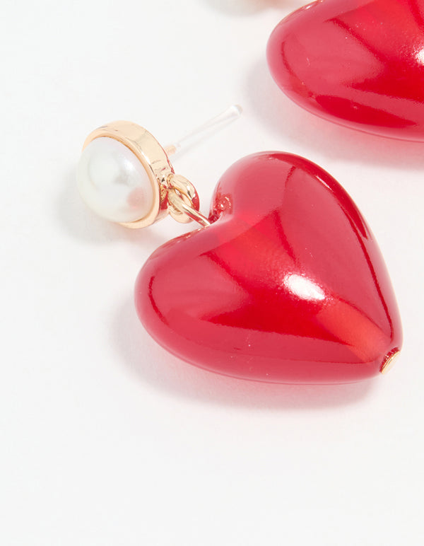 Gold Large Red Heart Drop Earrings