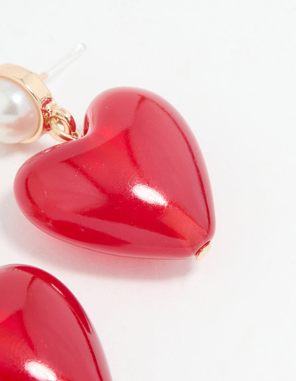 Gold Large Red Heart Drop Earrings