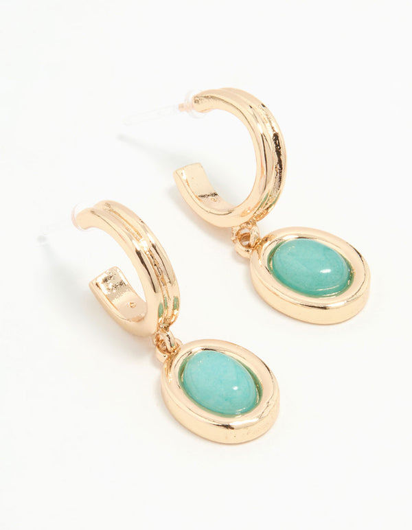 Gold Blue Gem Hoop Earrings