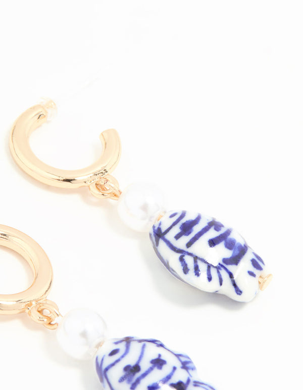 Gold Blue & White Fish Hoop Earrings