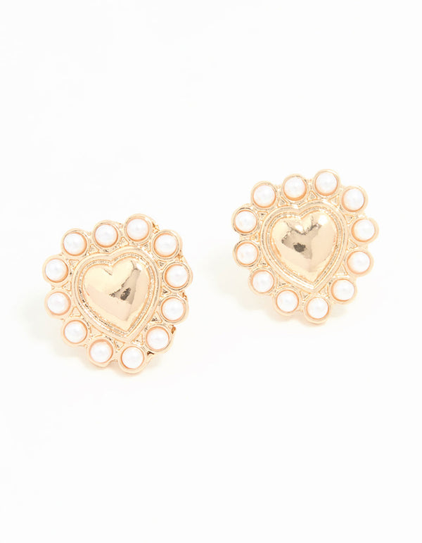 Gold Pearl Edge Heart Mini Stud Earrings