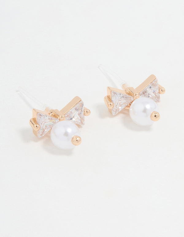 Gold Cubic Zirconia Pearl Bow Stud Earrings