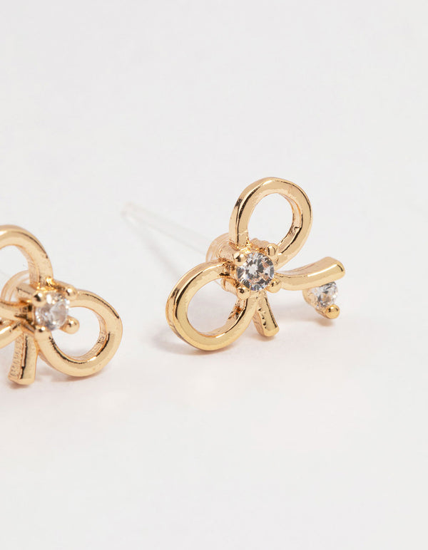 Gold Cubic Zirconia Bow & Heart Stud Earrings 3-Pack