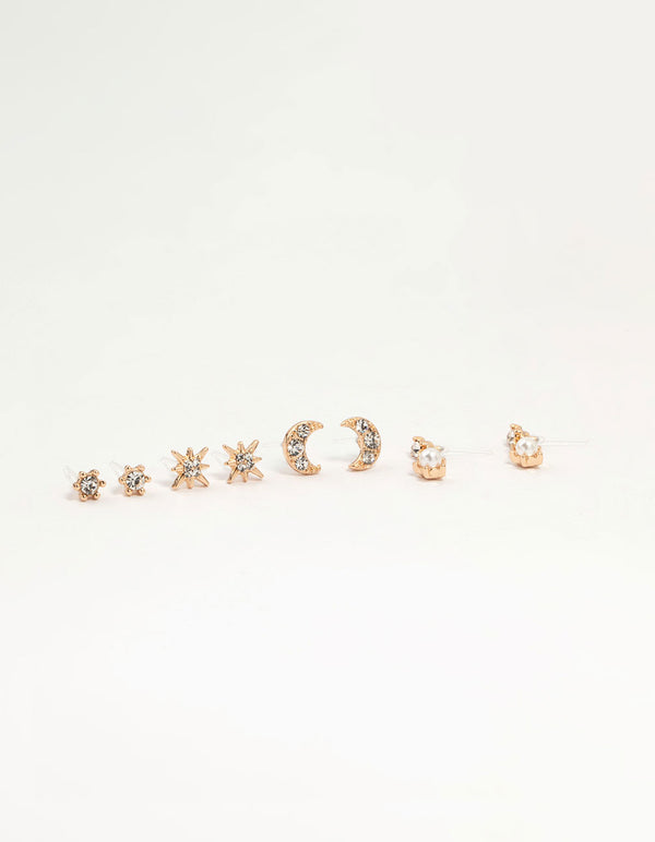 Gold Celestial Stud Earrings 4-Pack