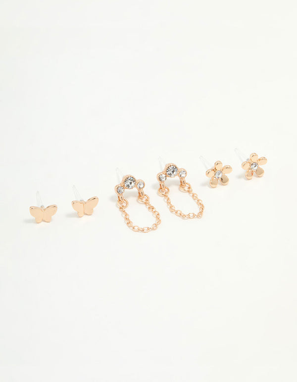 Gold Flower & Butterfly Earrings 3-Pack