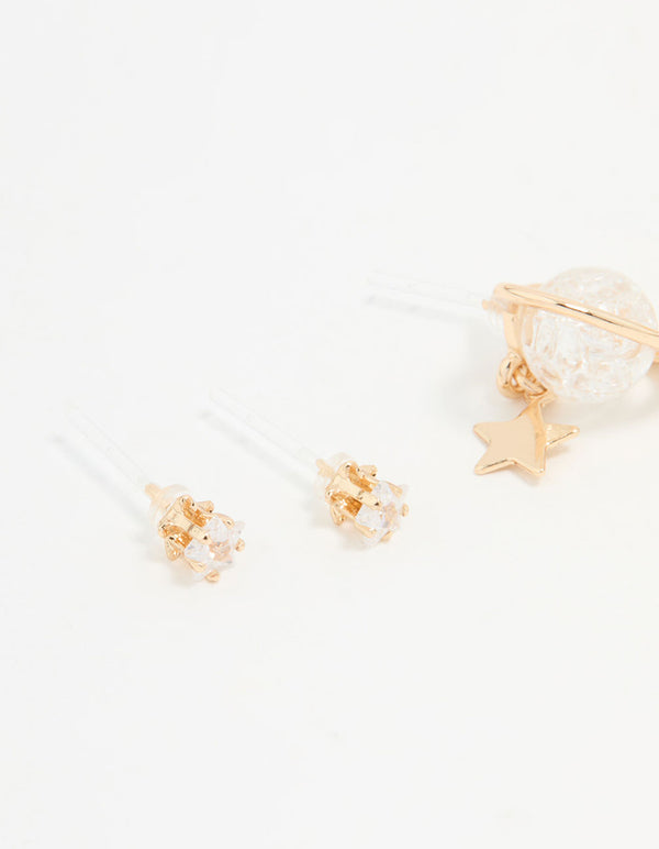Gold Cubic Zirconia Planet & Rocket Earrings 3-Pack