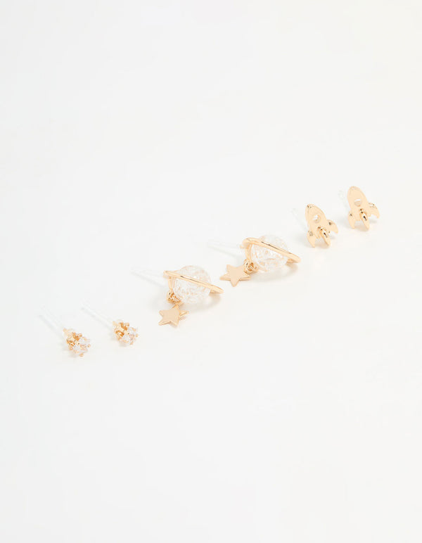 Gold Cubic Zirconia Planet & Rocket Earrings 3-Pack
