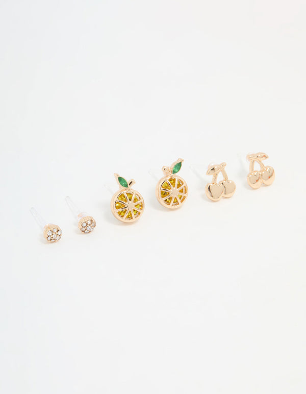 Gold Cherry & Lemon Stud Earrings 3-Pack