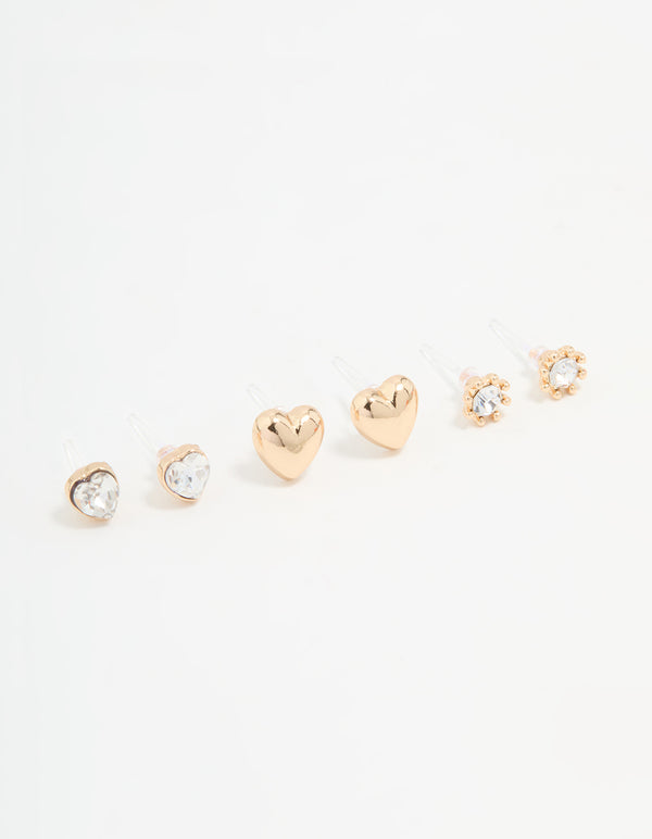 Gold Diamante Heart Stud Earrings 3-Pack