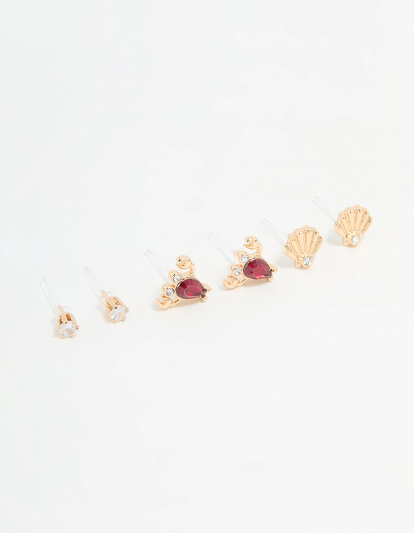 Gold Diamante Lobster & Shell Earrings 3-Pack