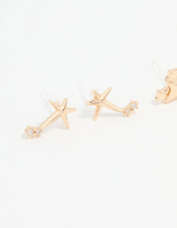Gold Cubic Zirconia Celestial Stud Earrings 3-Pack
