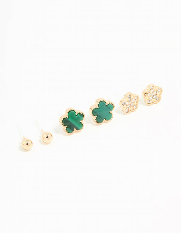 Gold Emerald Clover & Flower Stud Earrings 3-Pack