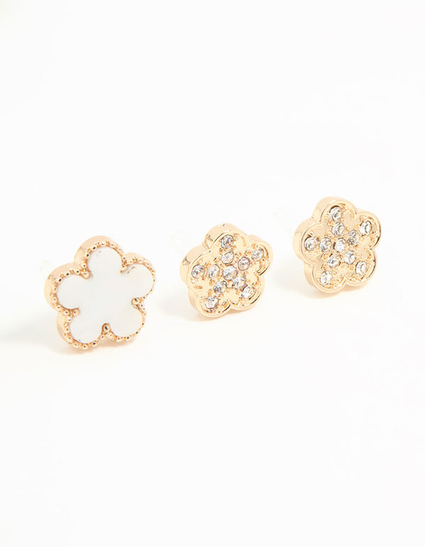 Gold Diamante & White Flower Stud Earrings 3-Pack